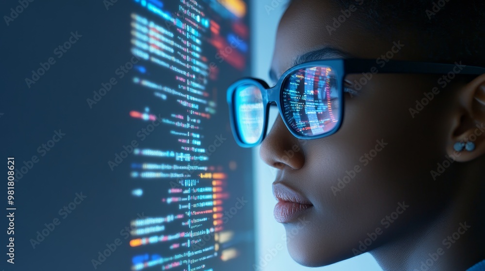 Poster a woman in glasses intently looks at a screen filled with code, highlighting the dedication and focu