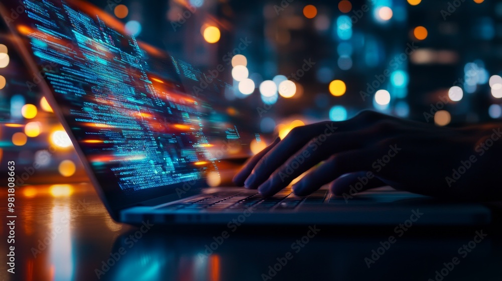 Aufkleber a programmer is working on a laptop with a glowing screen, illuminated by the city lights in the bac
