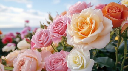 Obraz premium A vibrant display of multi-colored roses against a serene backdrop, showcasing shades of pink, white, and peach in a picturesque floral arrangement.