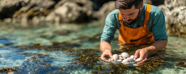 Naklejka premium Survivalist foraging in a tidal pool for shellfish, camping survival, coastal foraging skills