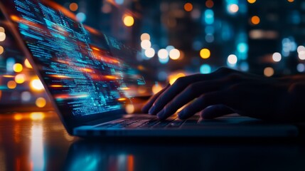 A programmer is working on a laptop with a glowing screen, illuminated by the city lights in the background. This image represents innovation, progress, and technology.