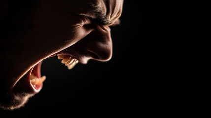 A close-up portrait of a man's face, his eyes are narrowed and his mouth is open in a silent scream, conveying intense rage and frustration. His furrowed brow and clenched jaw amplify the emotions of 