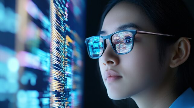 A young woman wearing glasses intently examines a computer screen filled with lines of code, representing focus, dedication, and the pursuit of technological advancements.