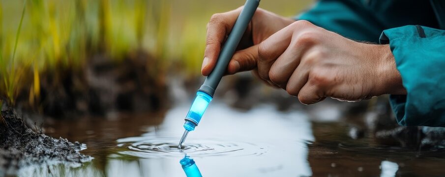 Survivalist purifying water using UV light pen near a muddy pond, camping survival, high-tech water purification - Powered by Adobe
