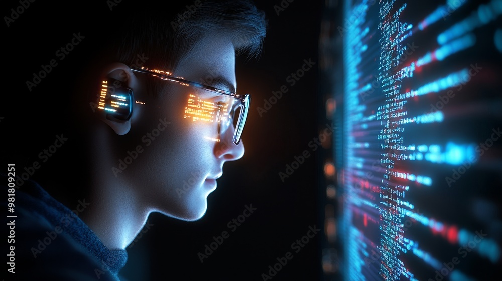 Poster a focused young programmer works late into the night, illuminated by the glow of code on the screen.