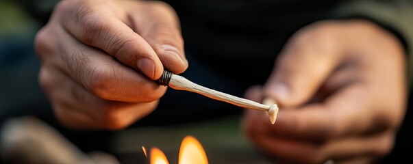 Survivalist sharpening a bone needle for sewing repairs, camping survival, primitive crafting skills