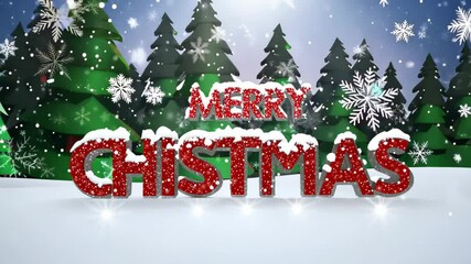 A festive the playful text "MERRY CHRISTMAS" in sparkling red against a serene winter landscape with snow-covered trees, creating a joyful holiday atmosphere.