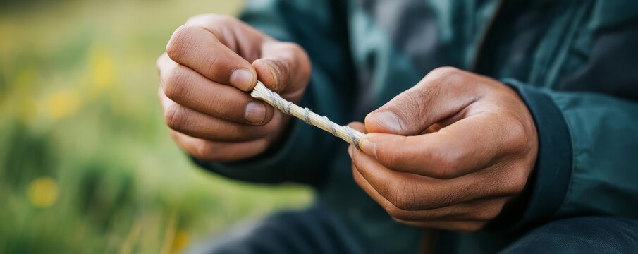 Survivalist sharpening a bone needle for sewing repairs, camping survival, primitive crafting skills