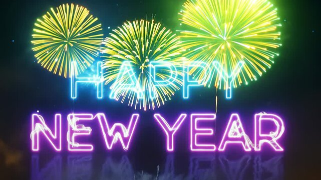 Welcome the New Year with a vibrant scene of colorful fireworks lighting up the dark sky. Bold neon letters proclaim "HAPPY NEW YEAR," embodying joy and celebration.