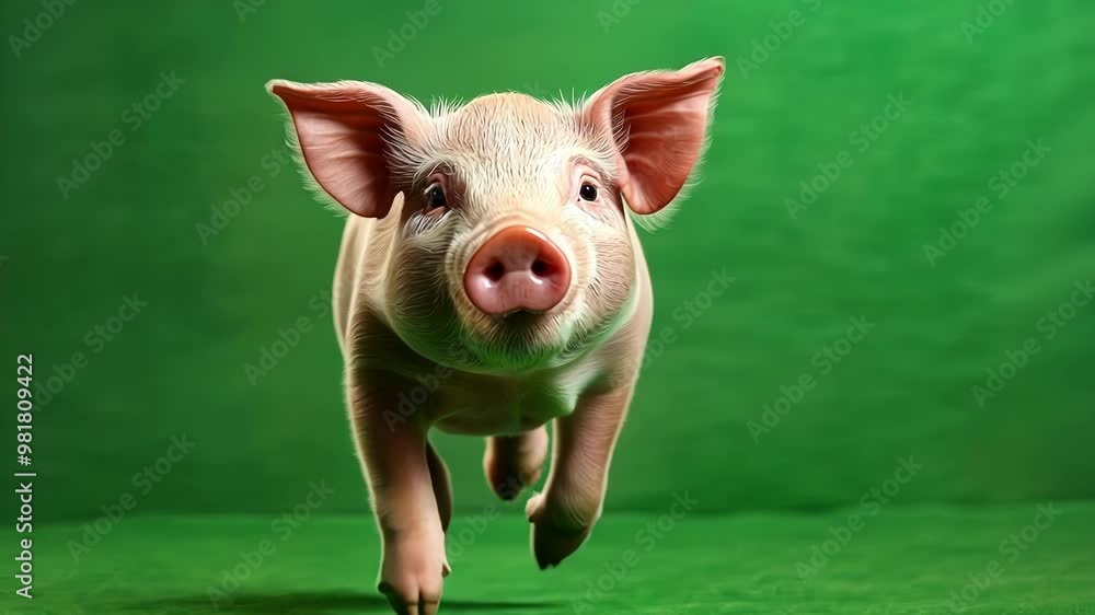 Poster piglet is running towards the camera on a vivid green screen background, perfect for easy isolation 