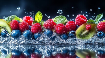 Fresh Berries, Kiwi, and Mint in Splashing Water