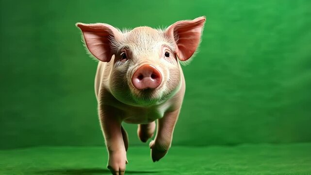 Piglet is running towards the camera on a vivid green screen background, perfect for easy isolation and use in various photo editing projects
