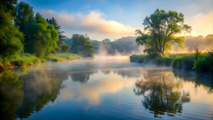 Mist hanging low over a tranquil river , foggy, misty, morning, scenic, nature, peaceful, calm, serene, river, water