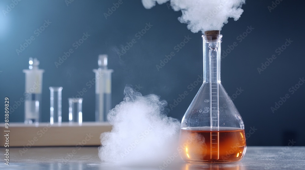 Poster a scientific experiment demonstrating the principles of chemical reactions with a flask producing sm