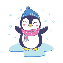 Cute Penguin Animal Character Wearing Hat Scarf Warm Clothes Standing on Polar Ice While Smiling