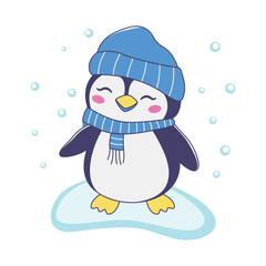 Cute Penguin Animal Character Wearing Hat Scarf Warm Clothes Standing on Polar Ice While Smiling