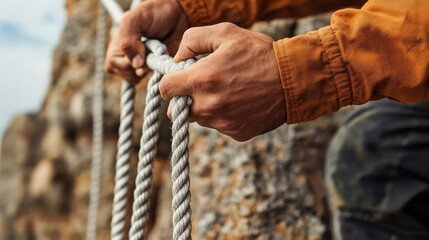 Fototapeta premium Survivalist weaving a rope ladder for cliff descent, camping survival, cliff navigation techniques