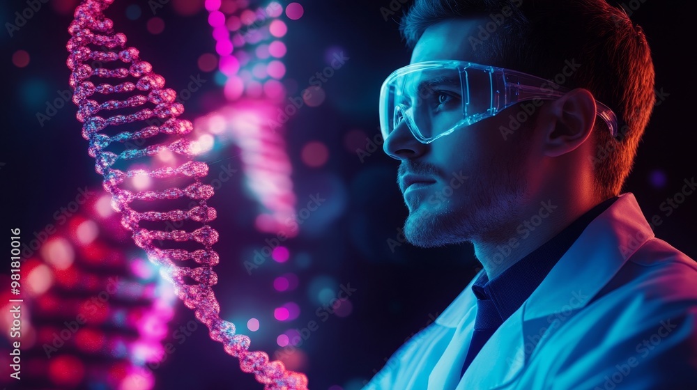 Poster a scientist in a lab coat and goggles gazes intently at a glowing double helix, representing the int