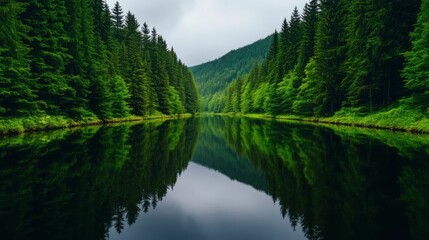 A calm lake reflects the dense green pine trees and mountains, creating a perfect mirror effect of the forested landscape on a cloudy day.