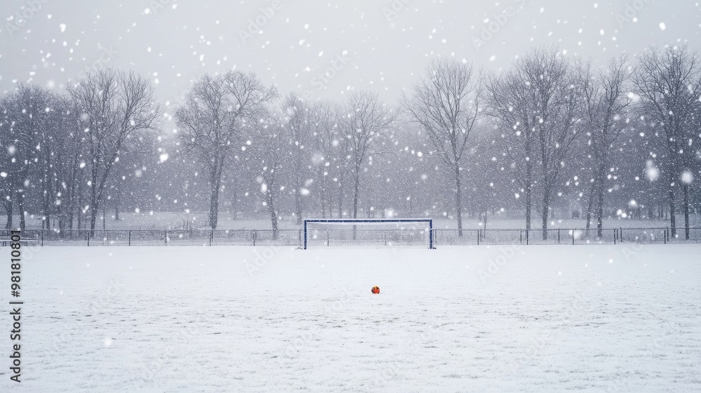 Aufkleber a tranquil winter scene captures a snowy soccer field with a lone ball resting near a goal. the tree