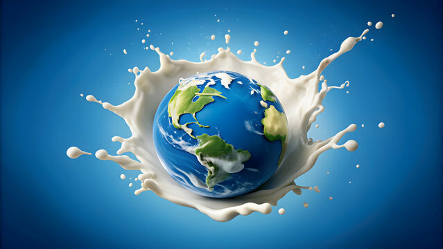 of Earth surrounded by milk splash on blue background for World Milk Day celebration, Earth, milk, splash