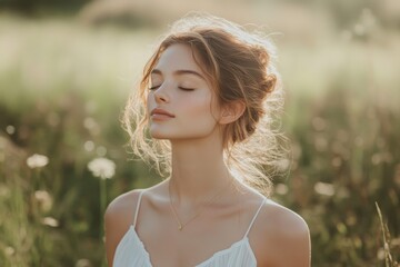 Obraz premium Young woman in white dress and gold necklace enjoying fresh air
