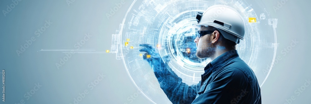 Poster an engineer in a hard hat and safety glasses uses augmented reality technology to visualize and inte