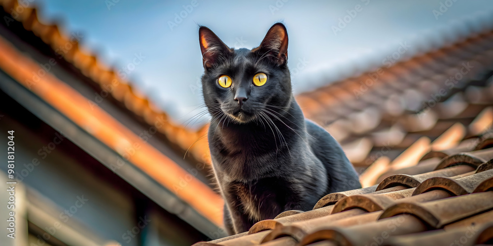 Wall mural Black cat with yellow eyes perched on a rooftop, watching intently , black cat, rooftop, animal, pet, domestic, feline, fur