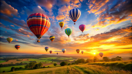 Naklejka premium Beautiful landscape with hot air balloons flying over colorful sky at sunset, sunset, landscape, hot air balloons, flying