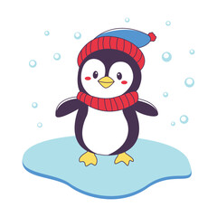 Cute Penguin Animal Character Wearing Hat Scarf Warm Clothes Standing on Polar Ice While Smiling
