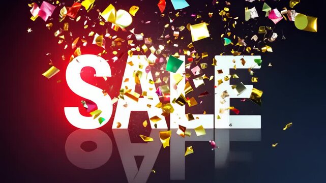 A bold "SALE" graphic shines amid a colorful confetti explosion, set against a deep red to dark purple gradient. Perfect for promotions and marketing campaigns.