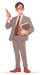 Obraz premium An Asian businessman with a smiling face, holding a pen and book, pointing to the side in a simple illustration style, perfect for an avatar or profile picture