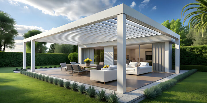Modern white house with a bioclimatic veranda or pergola for outdoor living space , modern, white, house