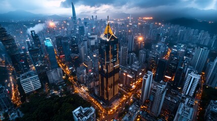 Fototapeta premium Aerial View of Modern City Skyline with Skyscrapers at Night