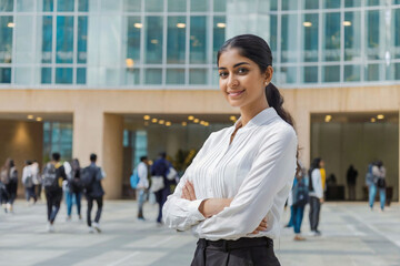 Fototapeta premium Confident Indian Female Student Standing in Front of University Campus