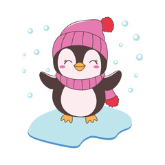 Cute Penguin Animal Character Wearing Hat Scarf Warm Clothes Standing on Polar Ice While Smiling