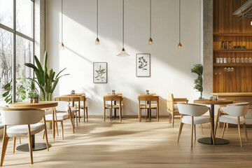 Minimalist café interior with simple, elegant furniture