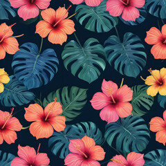 Seamless tropical pattern with lush monstera leaves and hibiscus flowers in vibrant shades of pink, orange, and yellow on a deep midnight blue background