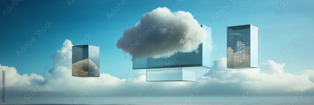 Poster cloud computing in a surreal landscape. a cloud sits atop a glass cube, symbolizing the power and ac