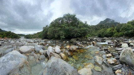 Amethyst Hot springs on Whanganui river , Harihari , South Island, New Zealand. View of the river in mountains