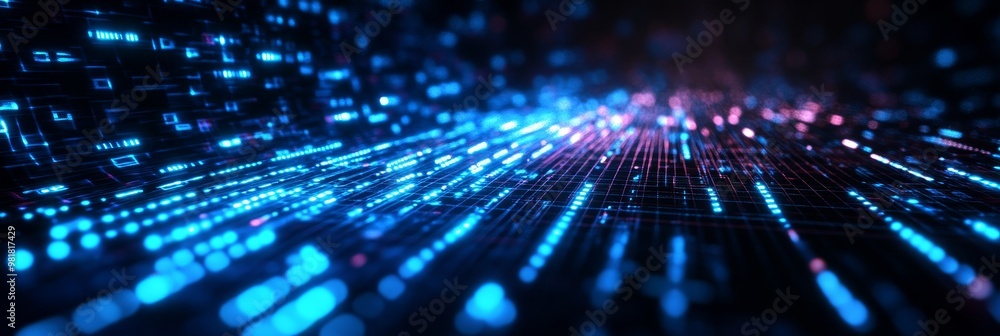 Poster abstract digital grid pattern with glowing blue pixels, representing data flow, technology, and the 