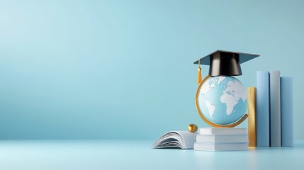 A 3D illustration symbolizing global education, featuring a graduation cap, globe, books, and an open book, representing knowledge, learning, and the pursuit of education across the world.