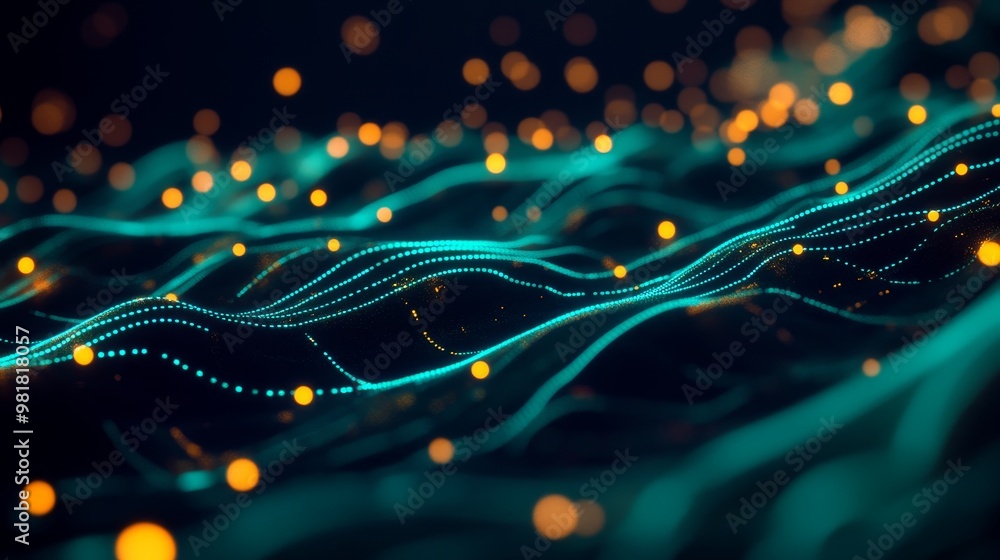 Poster glowing digital waves: exploring surreal connectivity symbolizing digital networks, data flow, abstr