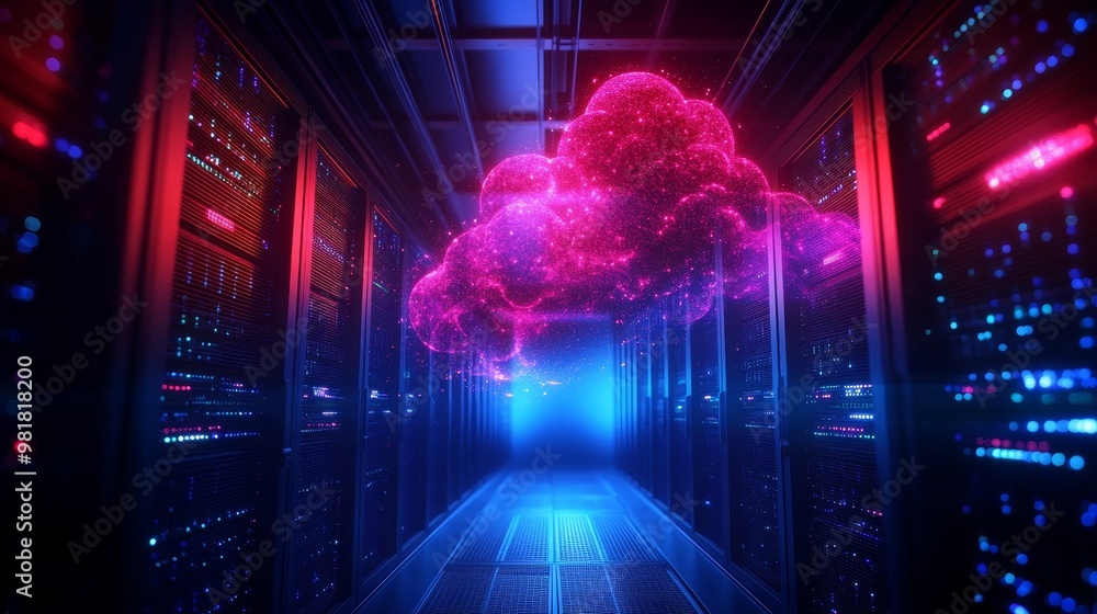 Poster a glowing cloud symbolizes the vastness and potential of data storage, with rows of servers represen