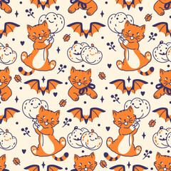 Fun Halloween vector seamless pattern featuring naughty kittens and funny pumpkins. Perfect for festive designs, textiles, and crafts. Hand-drawn playful wallpaper. Spooky charm and whimsy background