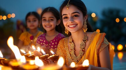 Fototapeta premium Indian Women Celebrating Diwali Festival with Diyas and Lights