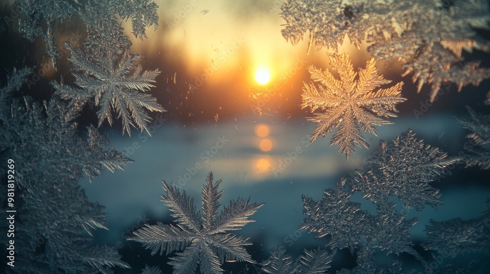 Poster intricate frost patterns on a windowpane with a sunlit background