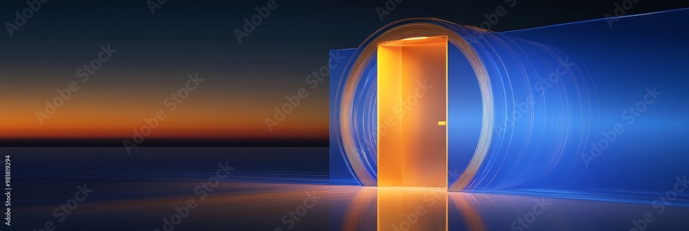 Poster a mesmerizing abstract concept of a glowing doorway within a maze of curved paths, symbolizing oppor