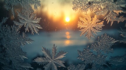 Obraz premium Intricate Frost Patterns on a Windowpane with a Sunlit Background
