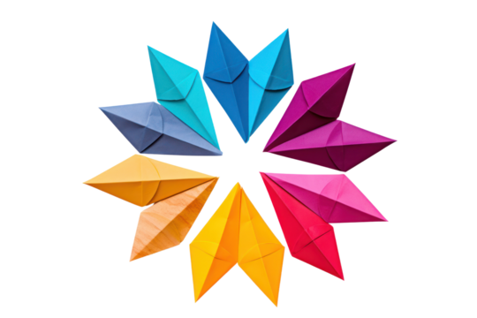 A group of colorful paper airplanes arranged in a fan shape, ready for flight isolated on white background